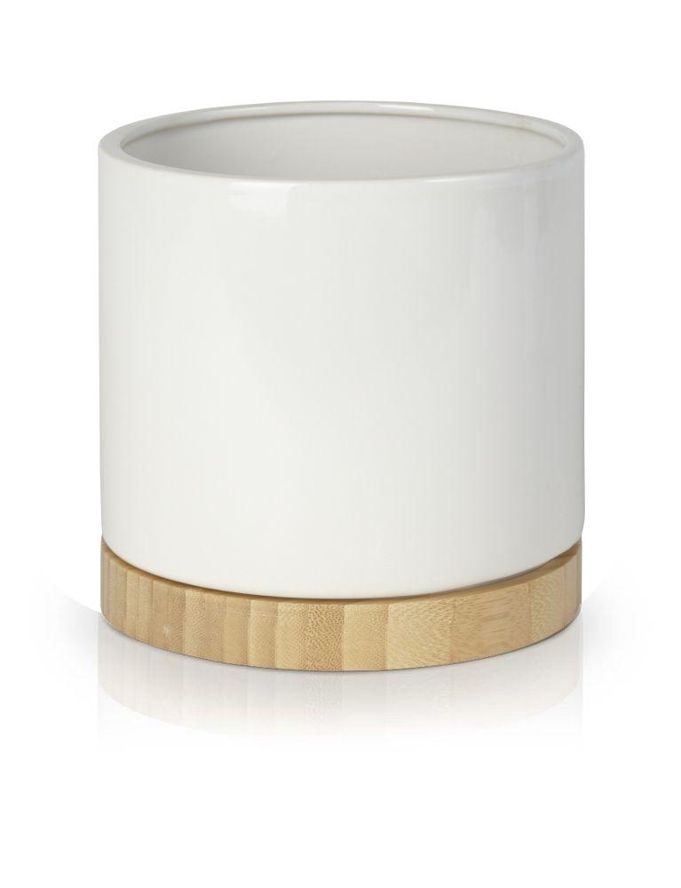 Ceramiczna donica w kształcie cylindra - biała z drewnianą podstawą - duża - kolekcja BARCELONA