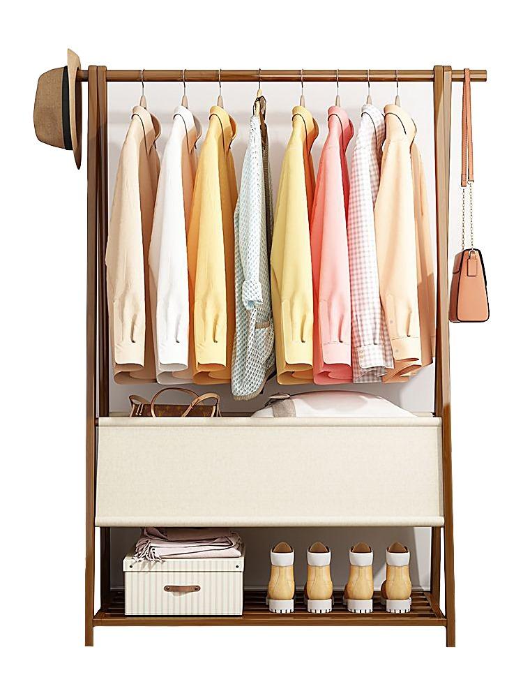 Bamboo freestanding trapezoidal clothes rack with canvas bag, length 116 cm.