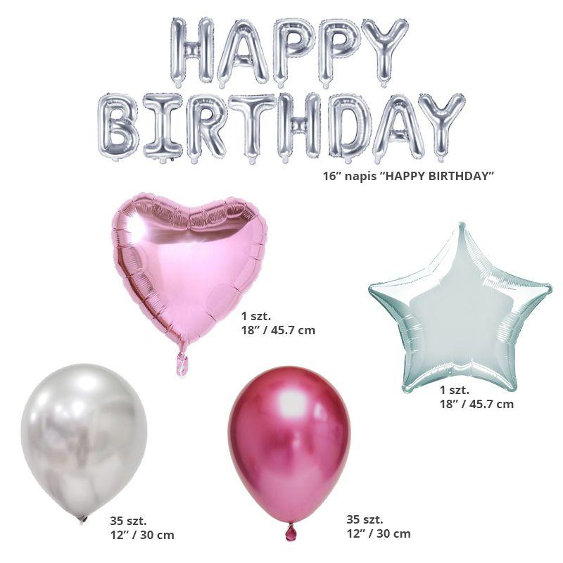 Zestaw balonów urodzinowych - srebrno - różowy 85 szt.