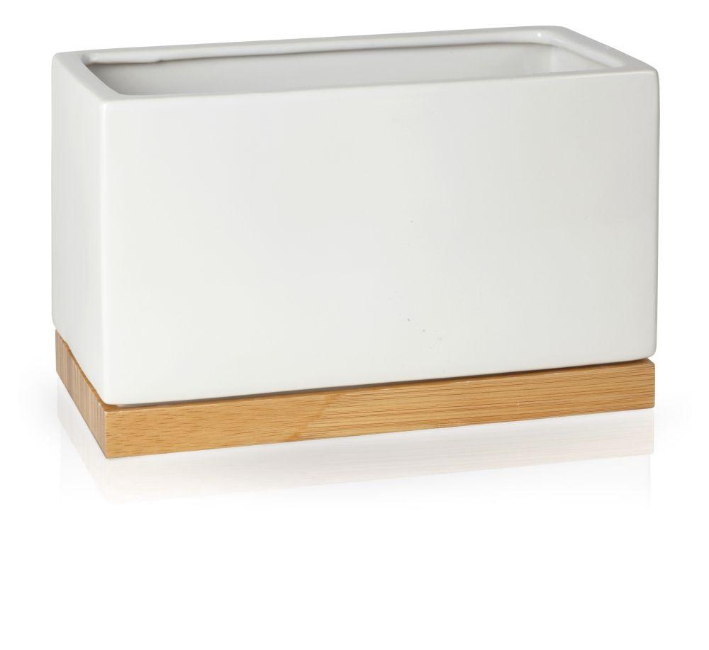 Ceramiczna donica podłużna, prostokątna - biała z drewnianą podstawą - kolekcja BARCELONA